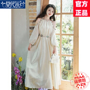 莫代爾法式溫柔長袖連衣裙女2025春秋新款氣質(zhì)時尚修身顯瘦圓領(lǐng)露肩裙子 連衣裙+腰帶 杏白色 M