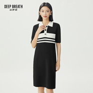 深呼吸DEEP BREATH女裝簡(jiǎn)約翻領(lǐng)條紋拼色短袖針織連衣裙A500282 黑白 S (2碼)