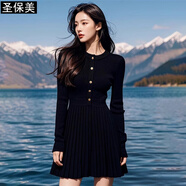 圣保美黑色針織連衣裙女秋冬季2025新款赫本風(fēng)高級感氣質(zhì)春秋毛衣短裙子 黑色 M 碼