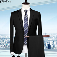 傳棨 西服套裝男三件套修身免燙商務(wù)職業(yè)正裝西裝外套新郎結婚禮服 一?？酆谏疚鞣?西褲+襯衫】 170/46