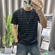 南極人（Nanjiren）夏季新款麻料短袖t恤男條紋撞色修身青年潮流繡標(biāo)冰絲體恤半袖衫 G137條紋短袖黑色 L