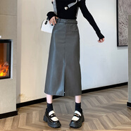 忻縈pu皮半身裙美拉德咖色裙女季高腰顯瘦中長(cháng)款開(kāi)叉一步裙包臀 灰色(配腰帶) XL