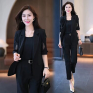 皮爾卡丹休閑西裝套裝小個(gè)子女2025春新款洋氣職業(yè)感正裝西服褲子三件套 黑色 背心+外套+褲子 套裝 XL 【建議110-125斤】
