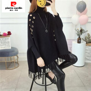 皮爾卡丹（pierre cardin）高領(lǐng)斗篷毛衣女秋冬韓版新款套頭披肩式蝙蝠袖流蘇寬松針織冬外套 黑色 M (95-105斤)