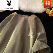 花花公子（PLAYBOY）亞麻t恤男短袖夏季潮流休閑圓領(lǐng)體恤衫寬松大碼半袖棉麻速干上衣 1289綠色 3XL (150-165斤)
