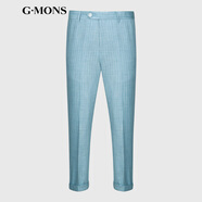 吉約蒙（G·MONS）春夏薄款西褲男休閑商務(wù)修身男士西服褲歐美簡約風(fēng)九分褲西裝褲子 水藍條紋 40碼【松緊腰 不怕小肚子】
