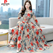 皮爾卡丹（pierre cardin）連衣裙女長(cháng)袖秋裝新款大碼收腰顯瘦中長(cháng)款沙灘大擺仙女裙 紅色 L 【建議100-110斤】