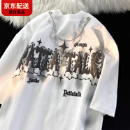 接運貓自帶項鏈的衣服短袖美式復古街頭t恤男女2024寬松大版甜酷風(fēng) 白色 l 建議100-125斤
