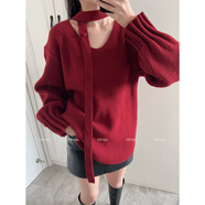 貓容Mmao掛脖飄帶紅色V領(lǐng)毛衣女中長款冬季新款泡泡袖針織衫上衣寬松 安哥拉紅色 建議85至150斤 均碼