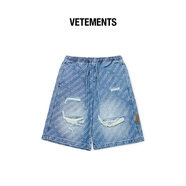VETEMENTS夏季新款男女情侶同款滿(mǎn)提花工藝抽繩牛仔短褲 64367001 淺藍 S