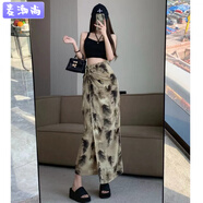麥潮尚水墨畫(huà)雪紡半身裙女夏季一片式系帶包臀長(cháng)裙后開(kāi)叉不規 卡其色 S