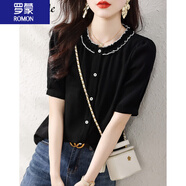 羅蒙（ROMON）女裝花邊領(lǐng)短袖襯衫2025夏季新款舒服百搭上衣顯瘦氣質(zhì)通勤襯衣潮 黑色 XL 120-130斤