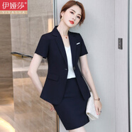 伊婭莎職業(yè)西裝套裝女夏短袖商務(wù)氣質(zhì)西服外套正裝珠寶酒店美容院工作服 藏藍(lán)西服+九分褲 XL 建議110-120斤