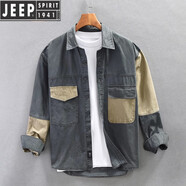 JEEP SPIRIT歐美工裝重磅長(cháng)袖襯衫男2025春秋設計感拼接襯衣寬松硬漢夾克外套 灰色【優(yōu)選面料】 XL 建議120-140斤