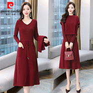 皮爾卡丹（pierre cardin）針織連衣裙女2024春秋冬新款修身氣質(zhì)遮肚高級感毛衣兩件裝裝裙子 酒紅色 3XL