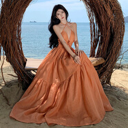 家隆名秀吊帶連衣裙法式度假風(fēng)掛脖綁帶露背連衣裙女 橘色 S