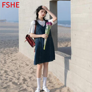 FSHE單排扣牛仔背帶連衣裙女夏季2025新款復(fù)古水洗中長款顯瘦減齡裙子 深藍(lán)色_0106 L