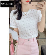 NY-RCE短袖T恤女短款夏季新款韓版修身圓領半袖體恤蕾絲夏裝上衣 白色 8706 XL (建議120-130斤)