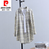 皮爾卡丹（pierre cardin）中長款襯衣女夏季薄款23新款韓版長袖寬松薄款港風(fēng)格子防曬外套 綠色 M 105-120斤