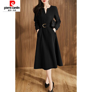 皮爾卡丹（pierre cardin）美麗氣質(zhì)媚橘紅色設(shè)計(jì)感長袖連衣裙優(yōu)雅通勤媽媽中長款連衣裙 黑色 M 85-100斤
