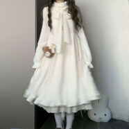 詩(shī)威琪2025春季新款日系軟妹甜美公主風(fēng)加絨連衣裙女學(xué)生長(cháng)袖保暖裙子 米白色連衣裙 S