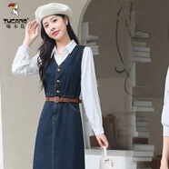 啄木鳥(niǎo)牛仔連衣裙女2026年春秋新款氣質(zhì)長(cháng)款減齡無(wú)袖背帶裙子+襯衣套裝 【單件】常規襯衫 L 【建議105-115斤】