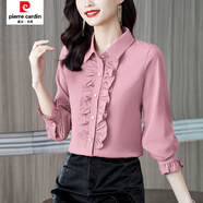 皮爾卡丹2025春秋新款純色木耳韓版長(cháng)袖襯衫女時(shí)尚女士小衫百搭上衣潮 粉紅色 L (建議105-120斤)