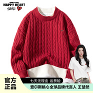 查爾斯桃心冬季加厚保暖慵懶風(fēng)學(xué)生美式休閑提花假兩件針織加絨毛衣男女同款 加絨 紅色（款） M