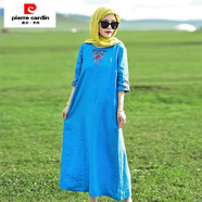 皮爾卡丹（pierre cardin）中式棉麻復古國風(fēng)連衣裙重工刺繡民族夏季旗袍裙子中長(cháng)款七分袖 夏季涼爽-藍色 2XL 建議140-160斤