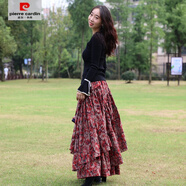 皮爾卡丹（pierre cardin）2025新款民族風(fēng)長裙女春秋冬裙子印花色棉麻大擺裙半身裙松緊腰圍 磚紅色 紅底涂鴉 2XL