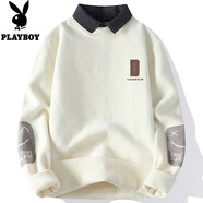 花花公子（PLAYBOY）襯衫領(lǐng)毛衣男秋冬款加絨加厚假兩件針織衫男寬松休閑內搭毛線(xiàn)衣服 M9901米白色 L