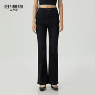 深呼吸DEEP BREATH女裝設(shè)雙腰頭線條高腰微喇休閑牛仔長褲女A100266 黑-黃線 M (3碼)