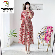 啄木鳥（TUCANO）棉綢碎花連衣裙女夏季2025新款氣質(zhì)收腰顯瘦大碼人造棉長裙女 桔紅色 6XL (建議160斤-180斤)