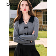 百圖betu女裝秋季新款毛針織衫拼色翻領(lǐng)甜美紐扣針織衫女2408T10 灰色 L