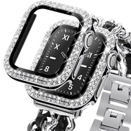 萬浮生適用applewatch鉆石手表殼一體殼膜蘋果手表s10 s9手表帶保護殼水鉆s8帶鉆se鑲鉆十代iwatch保護膜 雙排鉆 黑銀 殼膜一體 iWatch SE2/S6/S5/S4/SE 40