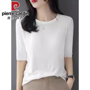 皮爾卡丹（pierre cardin）紫色圓領(lǐng)五分袖冰絲針織衫毛衣女春秋季新款正肩中袖打底上衣薄 2024白色針織 面料2025 S 【建議80-100斤】