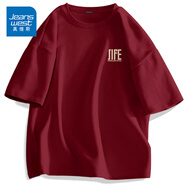 真維斯（Jeanswest）歐美潮牌短袖t恤男夏季純棉衣服大碼森系學(xué)生oversize時尚文化衫 酒紅色(簡優(yōu)生活胸標(biāo)) 2XL (185) (體重160-180斤)