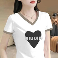 歐妤V領(lǐng)短袖t恤女夏季女裝新款寬松休閑顯瘦圓領(lǐng)不規(guī)則上衣體恤打底衫 白色黑愛心 L 建議100-110斤