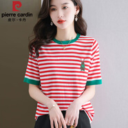 皮爾卡丹（pierre cardin）天絲短袖t恤女夏季撞色條紋套頭針織小衫寬松顯瘦年輕冰絲T恤上衣 紅色 S 體重85-100斤穿