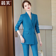 晨芙職業(yè)裝西裝套裝女氣質(zhì)雙排扣小西服外套正裝酒店經(jīng)理珠寶店工作服 孔雀藍西裝+西褲 5XL 建議150-165斤