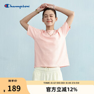 Champion冠軍短袖t恤女25春夏刺繡純棉純色百搭白色正肩t恤 粉色 M