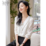 初申春秋七分袖襯衫女氣質(zhì)優(yōu)雅提花翻領(lǐng)設(shè)計(jì)感休閑白襯衣S13KC2828