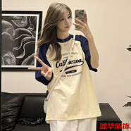茵侈夏季半袖上衣簡約插肩袖短袖t恤女裝學(xué)生韓版寬松潮ins 藏藍(lán)杏 M 86-105斤