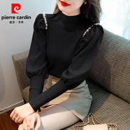 皮爾卡丹（pierre cardin）半高領(lǐng)針織打底衫女感內(nèi)搭毛衣法式燈籠袖上衣2025秋冬裝新款氣質(zhì) 黑色 M 95斤-110斤