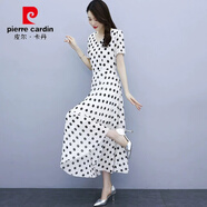 皮爾卡丹2025法式黑白波點(diǎn)連衣裙女夏雪紡感氣質(zhì)大碼胖MM大擺圓點(diǎn)長(cháng)裙 白色 M 【建議105斤內】