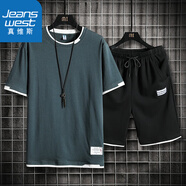 真維斯（Jeanswest）運(yùn)動(dòng)套裝男半袖短褲套裝休閑兩件套青少年寬松夏季套裝男裝透氣 B605-2130+K201牛仔藍(lán)色套裝 2XL （135斤-150斤）