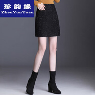 珍韻緣半身裙女春秋小香風(fēng)包臀裙2024裙毛呢半裙裙黑色短裙 黑亮絲有口袋 3XL 31