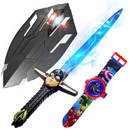 美國隊長(cháng)盾牌發(fā)光變形爪盾牌爪光劍蜘蛛俠面具男孩兒童玩具禮物發(fā)光面具聲光劍聲光套裝 變形爪盾+手表+光劍