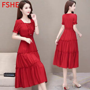 FSHE紅色連衣裙女2025春夏季新款時(shí)尚氣質(zhì)中長(zhǎng)款收腰方領(lǐng)短袖純色裙 紅色 3248# 2XL 125-135斤