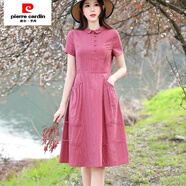 皮爾卡丹（pierre cardin）棉麻連衣裙女夏新款文藝復(fù)古收腰氣質(zhì)高端顯瘦小個子條紋裙子 紅條 M